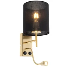 Art Deco Wandlampe Gold mit schwarzem Baumwollschirm - Stacca