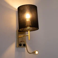 Art Deco Wandlampe Gold mit schwarzem Baumwollschirm - Stacca