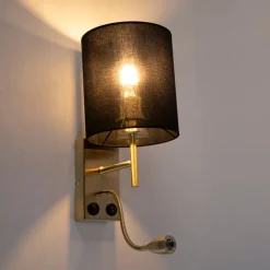 Art Deco Wandlampe Gold mit schwarzem Baumwollschirm - Stacca