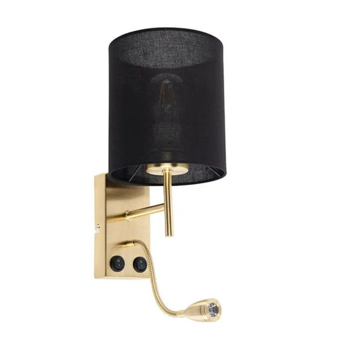 Art Deco Wandlampe Gold mit schwarzem Baumwollschirm - Stacca