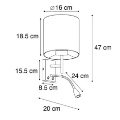 Art Deco Wandlampe Gold mit schwarzem Baumwollschirm - Stacca