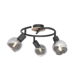 Deckenleuchte schwarz 44,5 cm mit Rauchglas und Holz 3-flammig - Vidro