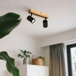 Deckenleuchte schwarz mit Holz 2-flammig verstellbar rechteckig - Jeana