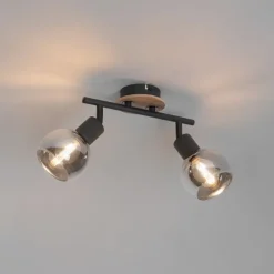 Deckenleuchte schwarz mit Rauchglas und Holz 2-flammig - Vidro