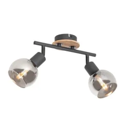 Deckenleuchte schwarz mit Rauchglas und Holz 2-flammig - Vidro