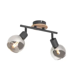Deckenleuchte schwarz mit Rauchglas und Holz 2-flammig - Vidro