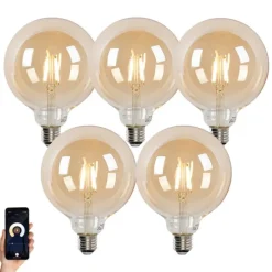5er Set Smart LED-Glühbirnen E27 G125 Gold 4,9W 470lm 1800-4000K
