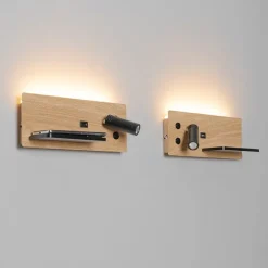 2er Set Wandleuchte Schwarz mit Holz inkl. LED mit USB und Induktionsladegerät - Riza