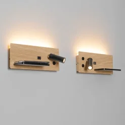 2er Set Wandleuchte Schwarz mit Holz inkl. LED mit USB und Induktionsladegerät - Riza