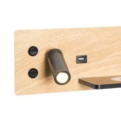2er Set Wandleuchte Schwarz mit Holz inkl. LED mit USB und Induktionsladegerät - Riza
