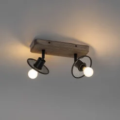 Industrieller Deckenstrahler schwarz mit Holz 2-flammig - Jasmijn