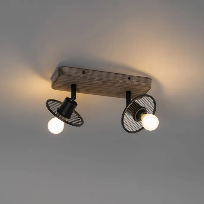 Industrieller Deckenstrahler schwarz mit Holz 2-flammig - Jasmijn