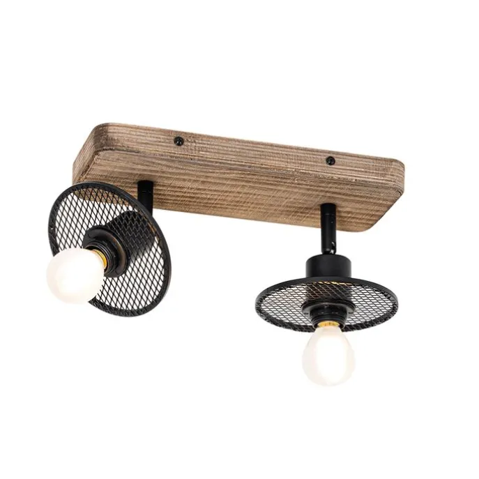 Industrieller Deckenstrahler schwarz mit Holz 2-flammig - Jasmijn