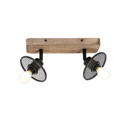 Industrieller Deckenstrahler schwarz mit Holz 2-flammig - Jasmijn