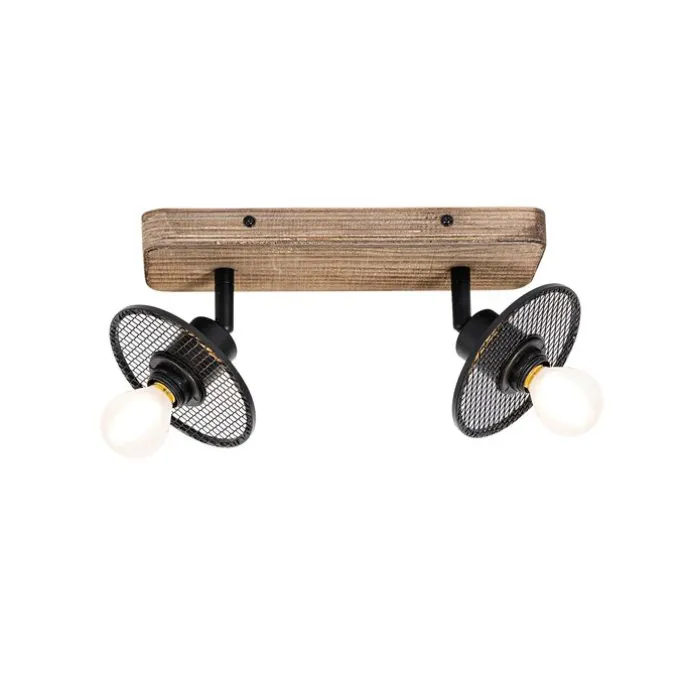 Industrieller Deckenstrahler schwarz mit Holz 2-flammig - Jasmijn