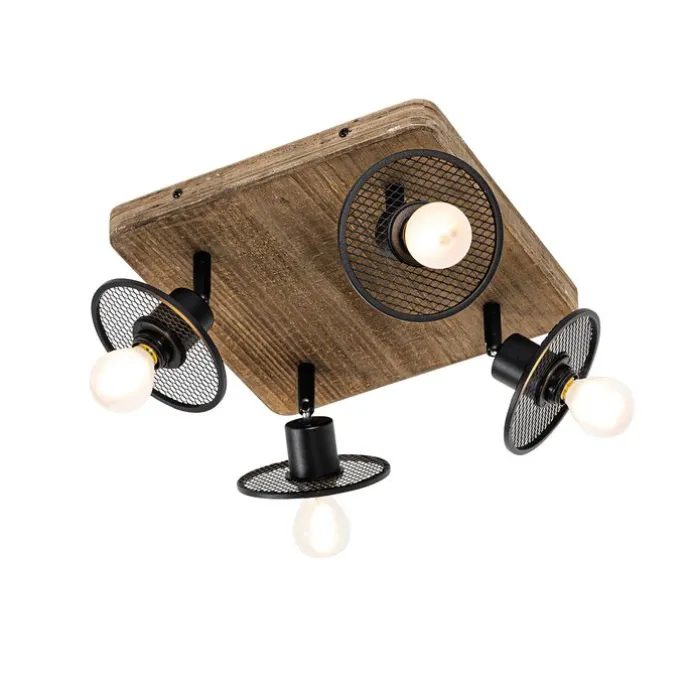Industrieller Deckenstrahler schwarz mit Holz 4-flammig - Jasmijn