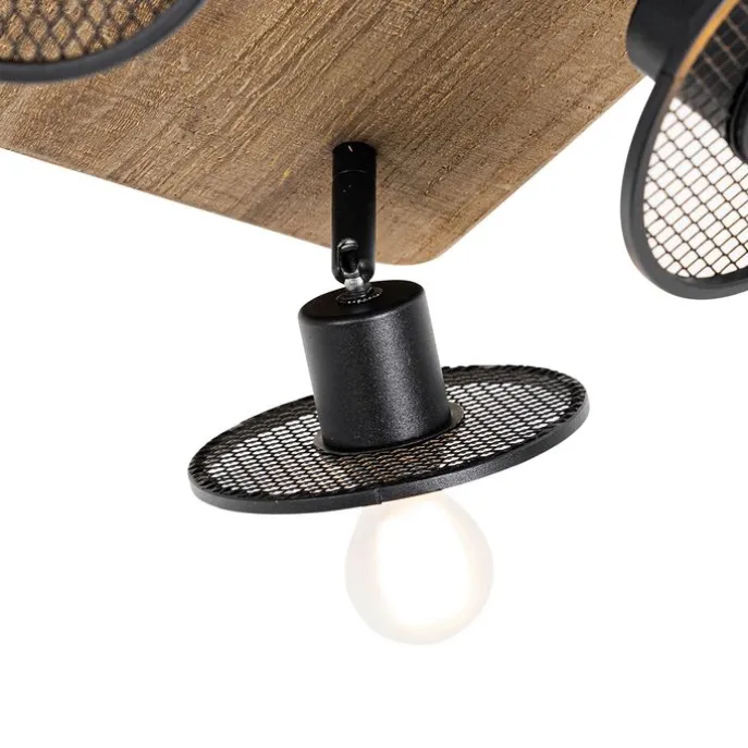 Industrieller Deckenstrahler schwarz mit Holz 4-flammig - Jasmijn