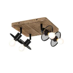 Industrieller Deckenstrahler schwarz mit Holz 4-flammig - Jasmijn