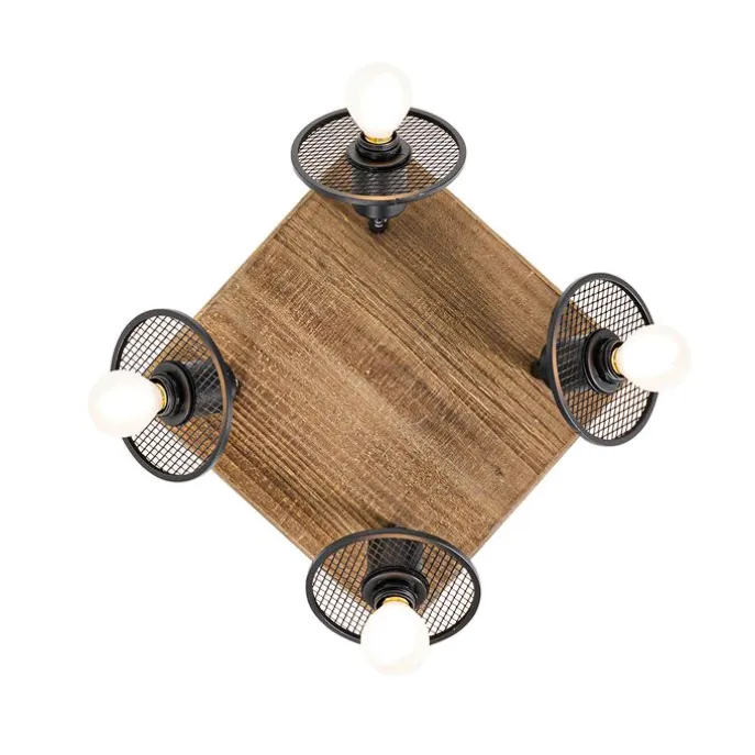 Industrieller Deckenstrahler schwarz mit Holz 4-flammig - Jasmijn