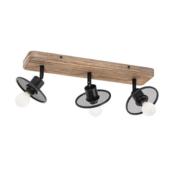 Industrieller Deckenstrahler schwarz mit Holz 3-flammig - Jasmijn