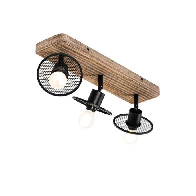 Industrieller Deckenstrahler schwarz mit Holz 3-flammig - Jasmijn