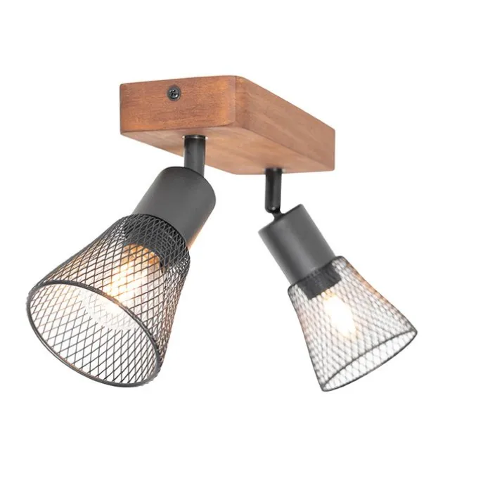 Industrie-Spot schwarz mit Holz 2-flammig - Kristina