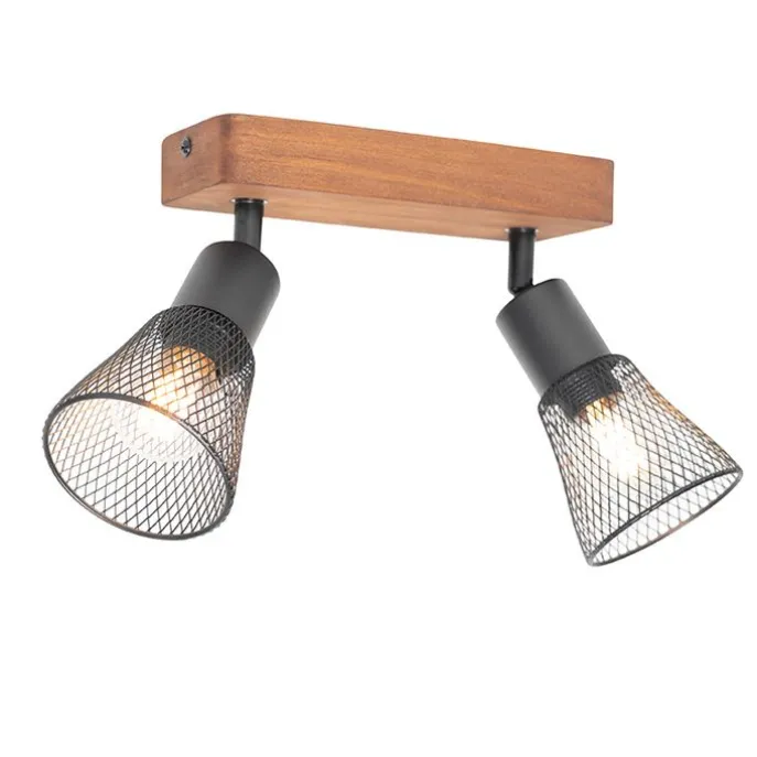 Industrie-Spot schwarz mit Holz 2-flammig - Kristina