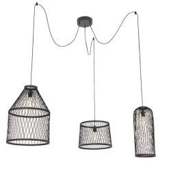 Ländliche Außenhängelampe aus schwarzem Rattan, 3-flammig – Calamus