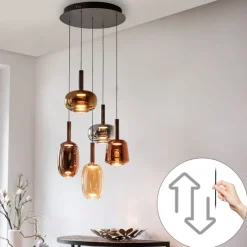 Pendelleuchte schwarz mit mehrfarbigem Glas rund inkl. LED 6-flammig Easylift - Irides