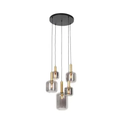 Schicke Hängelampe Schwarz mit Gold mit Rauchglas inkl. 5 WiFi A60 - Zuzanna