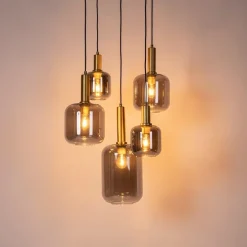 Schicke Hängelampe Schwarz mit Gold mit Rauchglas inkl. 5 WiFi A60 - Zuzanna
