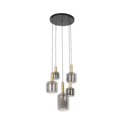Schicke Hängelampe Schwarz mit Gold mit Rauchglas inkl. 5 WiFi A60 - Zuzanna