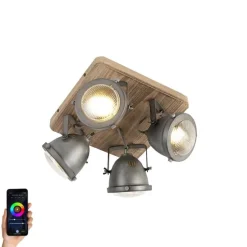Smarte Deckenleuchte Stahl mit Holz inkl. 4 WiFi GU10 - Emado
