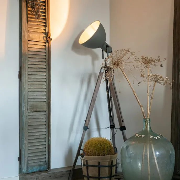 Smarte Industrie-Stativ-Stehlampe Holz mit grau inkl. WiFi A60 - Laos