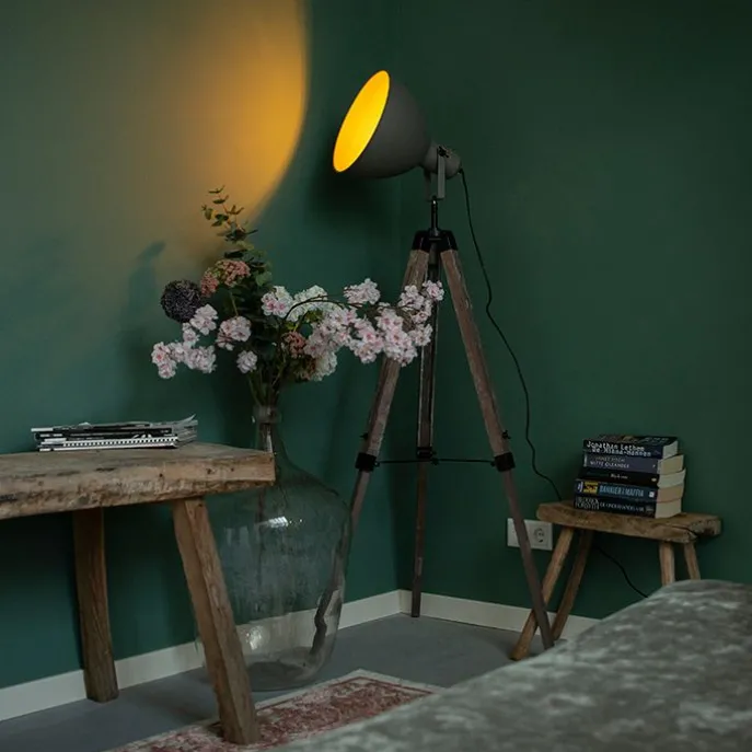 Smarte Industrie-Stativ-Stehlampe Holz mit grau inkl. WiFi A60 - Laos