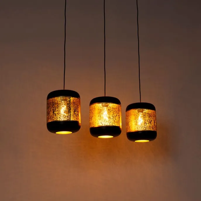 Vintage Hängelampe schwarz mit Messing länglich 3-flammig - Kayleigh