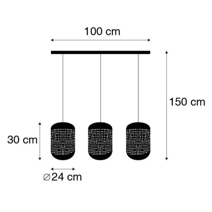 Vintage Hängelampe schwarz mit Messing länglich 3-flammig - Kayleigh