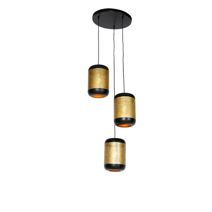 Vintage Hängelampe schwarz mit Messing rund 3-flammig - Kayleigh