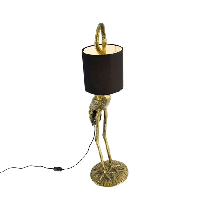 Vintage Stehlampe Messing Stoffschirm schwarz - Kranichvogel