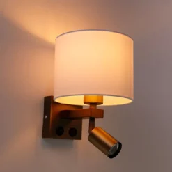 Wandleuchte Bronze mit Leselampe und Schirm 18 cm weiß - Brescia
