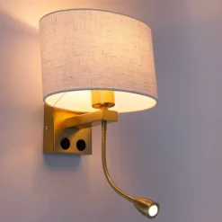 Wandleuchte Messing mit ovalem Leinen-Schirm weiß 25cm - Brescia Combi
