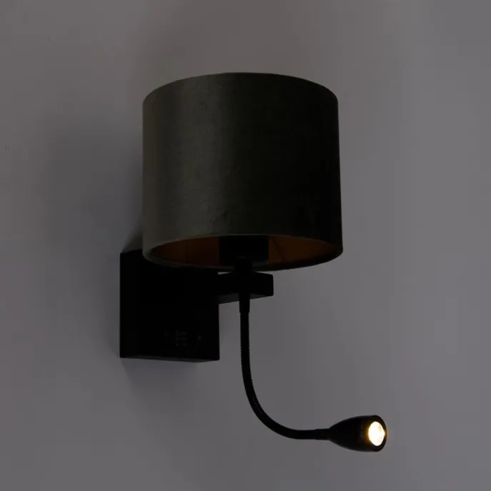 Wandleuchte Schwarz mit grünem Samt-Schirm 18cm - Brescia