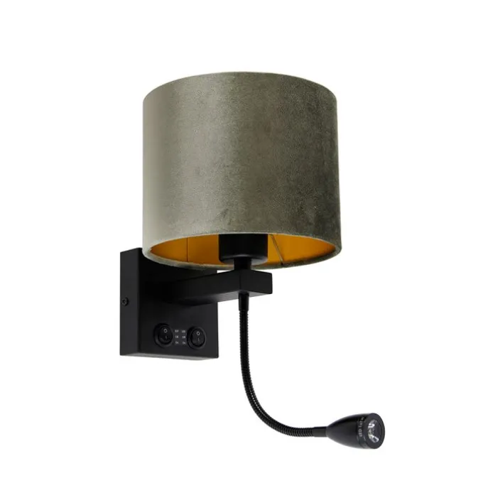 Wandleuchte Schwarz mit grünem Samt-Schirm 18cm - Brescia
