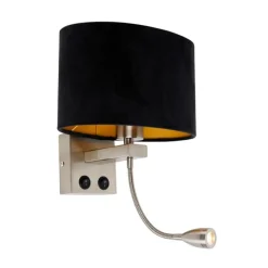 Wandleuchte Stahl mit ovalem Samtschirm schwarz 25cm - Brescia Combi